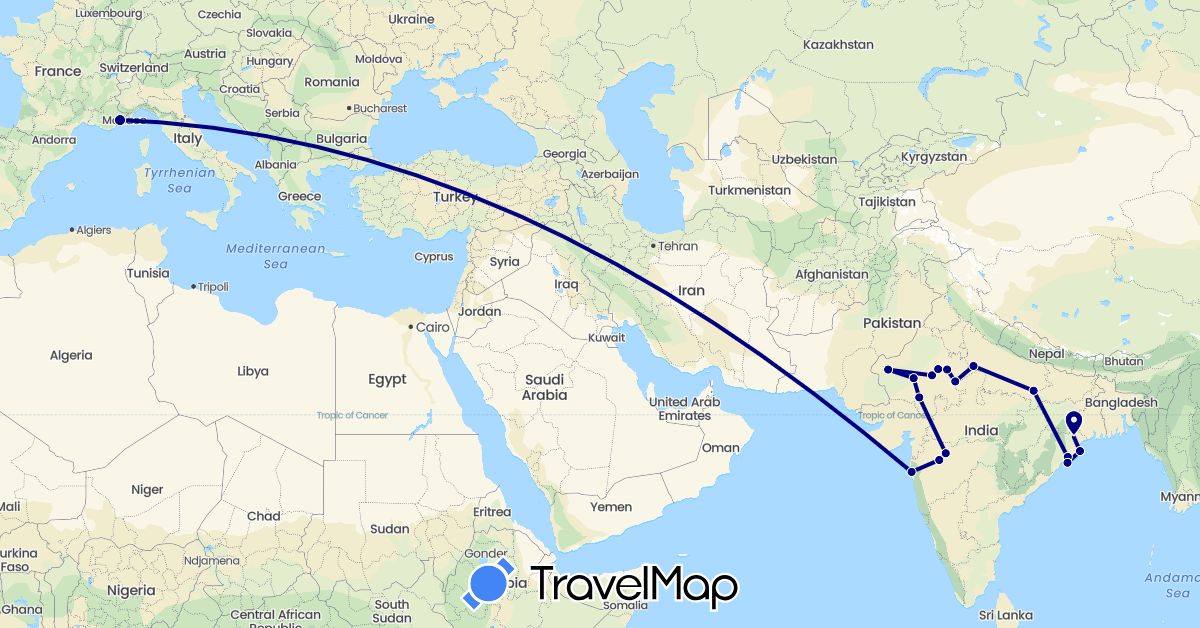 TravelMap itinerary: driving in France, India (Asia, Europe)